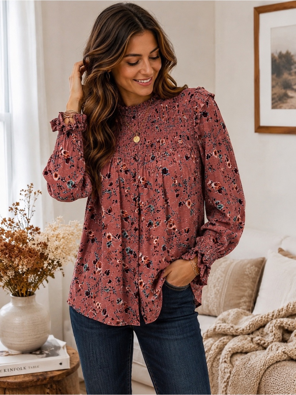 Kate & Sam Floral Smocked Blouse Pink Boho Peasant Top Keyhole Back Large